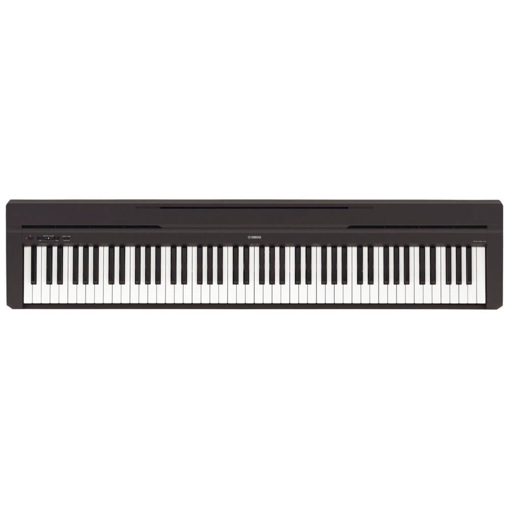 Yamaha P-45 portable digital piano in black with weighted keys, compact design, perfect for home or stage use.