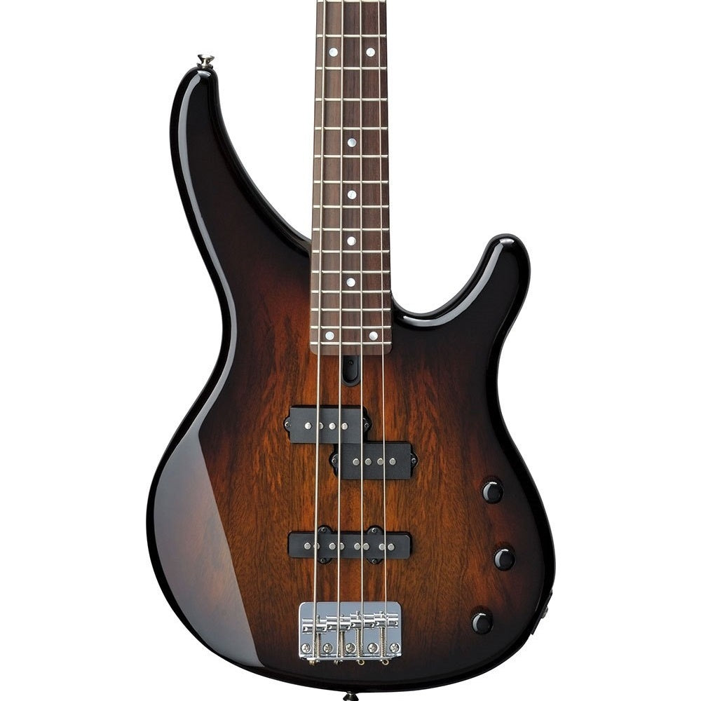 Yamaha TRBX174EW-TBS electric bass guitar with exotic wood finish in tobacco brown sunburst, 4-string, showing the body and neck.