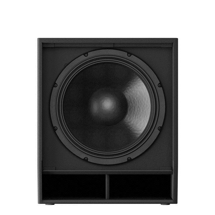 Yamaha DXS18XLF 18-inch powered PA subwoofer with 1600 watt amplifier, showing front view with control panel and speaker grille.
