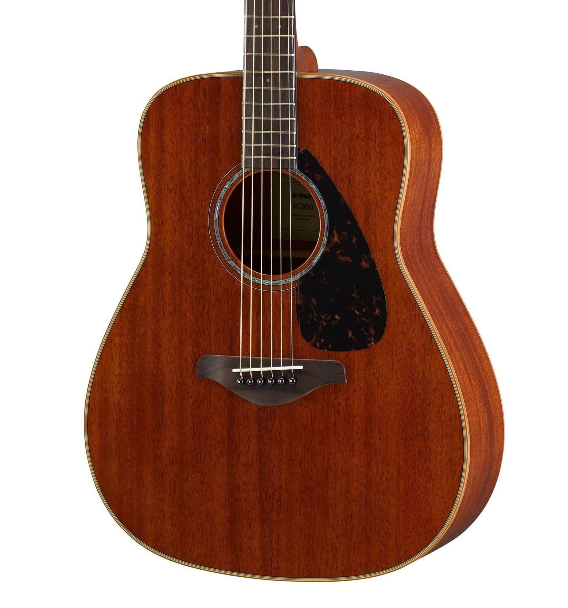 Yamaha FG850 dreadnought acoustic guitar with solid spruce top in natural finish, showing the body and fretboard details.