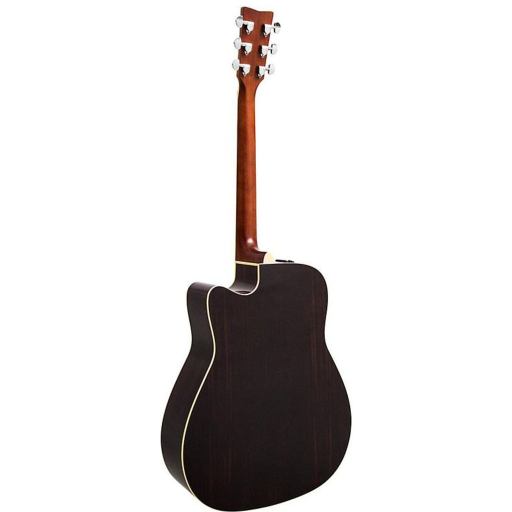 Yamaha FGX830CBL black acoustic guitar showing body, fretboard, and headstock with tuning pegs and guitar strings.