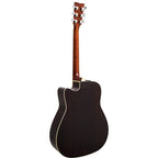 Yamaha FGX830CBL black acoustic guitar showing body, fretboard, and headstock with tuning pegs and guitar strings.