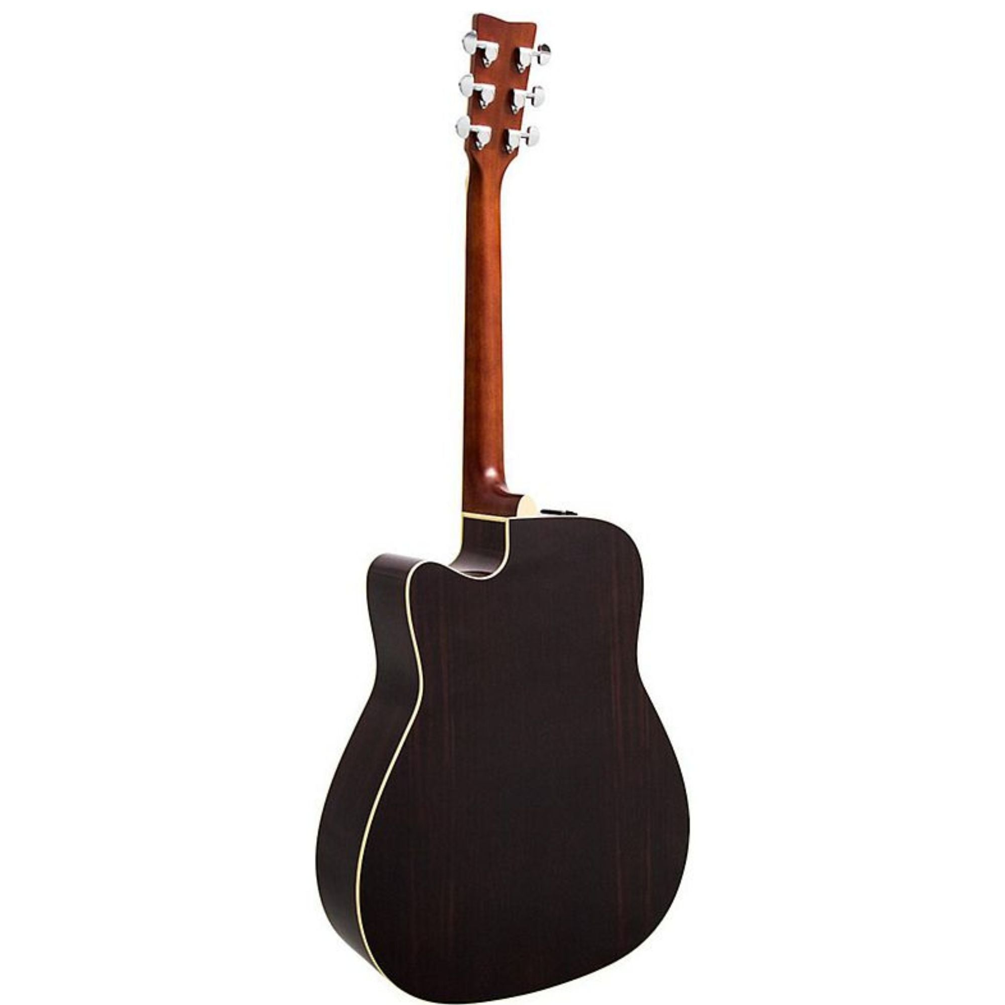 Yamaha FGX830CBL black acoustic guitar showing body, fretboard, and headstock with tuning pegs and guitar strings.