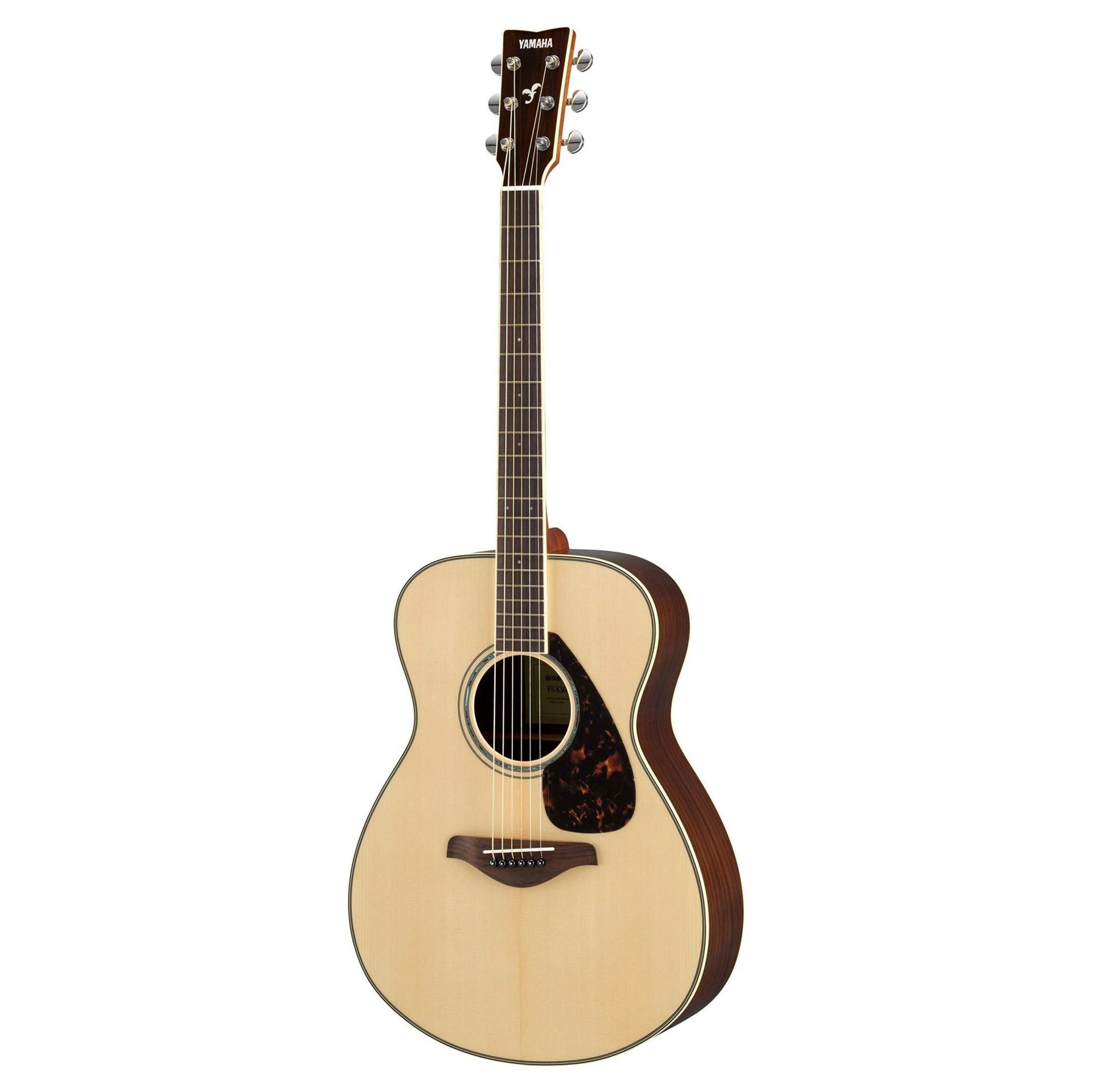 Yamaha FS830NT acoustic guitar in natural finish, showcasing its body, neck, and headstock on a plain background.