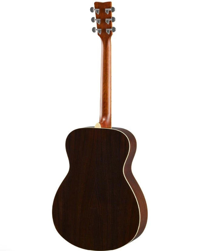 Yamaha FS830TBS acoustic guitar in tobacco brown with a wooden body and six strings, shown against a plain background.