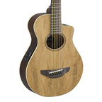 Yamaha APXT2EW-NT 3/4 acoustic guitar with exotic wood top in natural finish, showcasing its compact size and wood grain details.