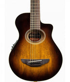 Yamaha APXT2EW-TBS 3/4 acoustic guitar with exotic wood top in tobacco brown sunburst, showing the guitar's body and finish.