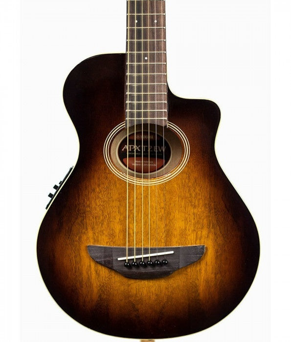 Yamaha APXT2EW-TBS 3/4 acoustic guitar with exotic wood top in tobacco brown sunburst, showing the guitar's body and finish.