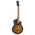 Yamaha APXT2EW-TBS 3/4 acoustic guitar with exotic wood top in tobacco brown sunburst, showing the compact body and wood grain.