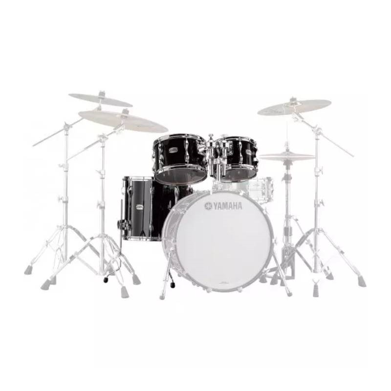 Yamaha Recording Custom 10/12/16 tom pack in solid black finish, showcasing three drums with polished hardware.