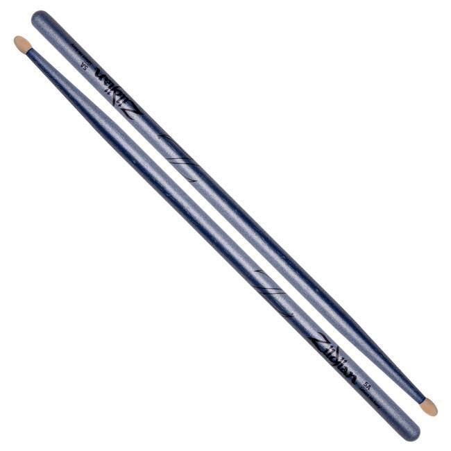 Zildjian 5A Chrome Blue drumsticks with wooden tips, ideal for drummers, shown lying side by side on a white background.