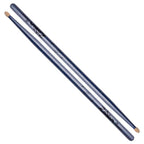 Zildjian 5A Chrome Blue drumsticks with wooden tips, ideal for drummers, shown lying side by side on a white background.