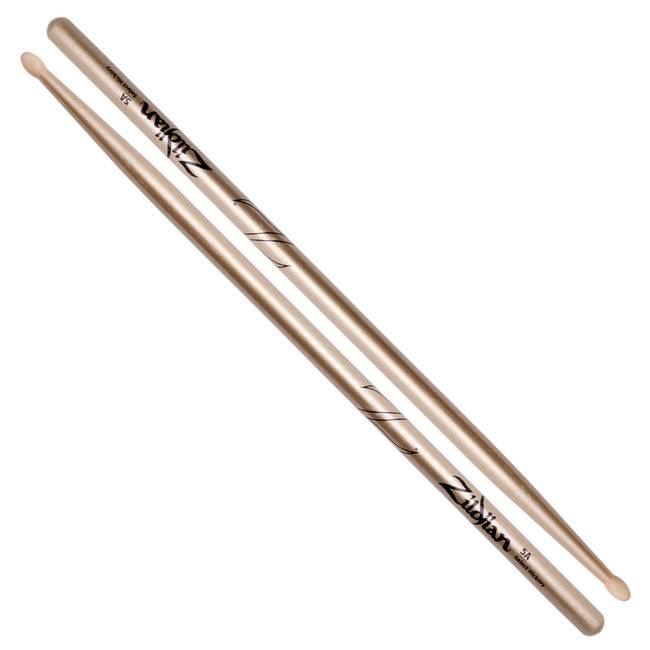 Pair of Zildjian 5A Chrome Gold drumsticks with wooden tips, designed for versatile percussion playing and durability.