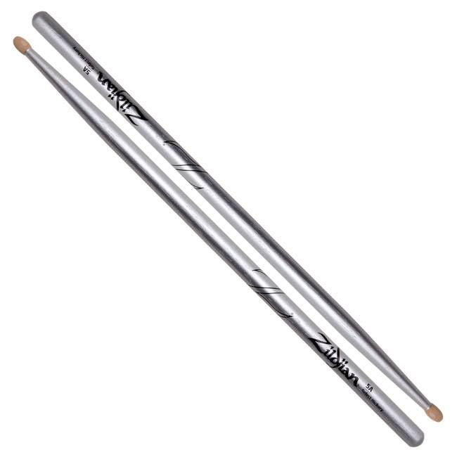 Zildjian 5A Chrome Silver drumsticks with logo, standard size, lightweight, and polished finish for drumming performance.