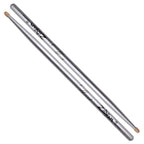 Zildjian 5A Chrome Silver drumsticks with logo, standard size, lightweight, and polished finish for drumming performance.