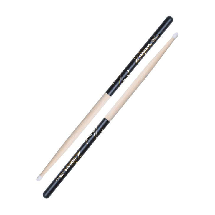 Zildjian Hickory 5A Nylon DIP drumsticks with black tips, standard size for drummers, showing the sticks on a white background.