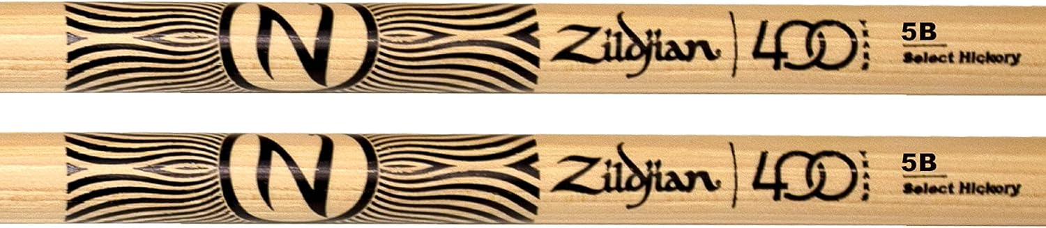 Zildjian LE 400th Anniv. 5B Acorn drumsticks in clear and black with 60s rock design, featuring wooden tips and ergonomic grip.