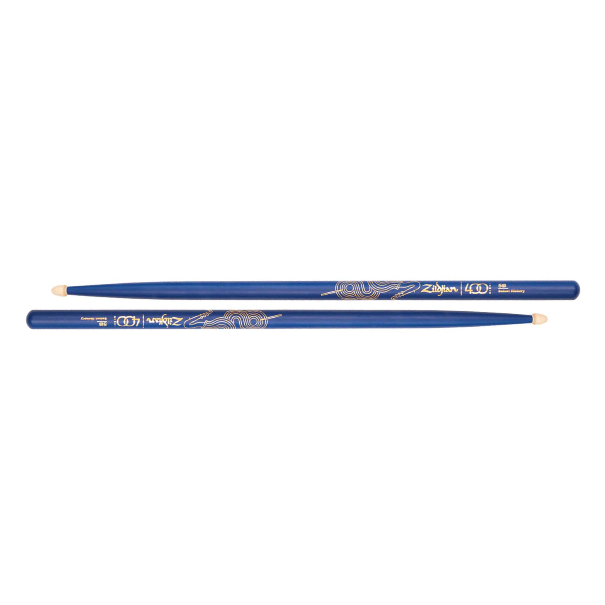 Zildjian LE 400th Anniversary 5B Acorn jazz drumsticks in blue and gold with wooden tips, designed for jazz drumming.