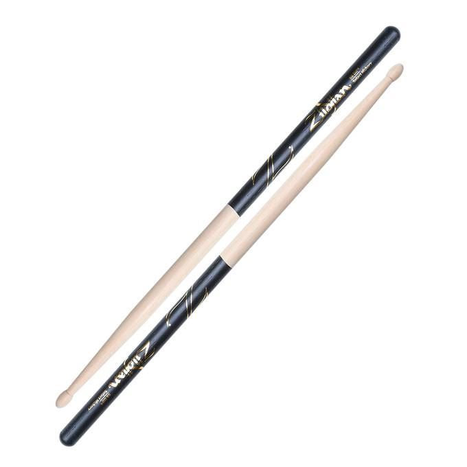 Zildjian Hickory 5B DIP drumsticks with black grip tips, designed for durability and comfortable grip for drummers.
