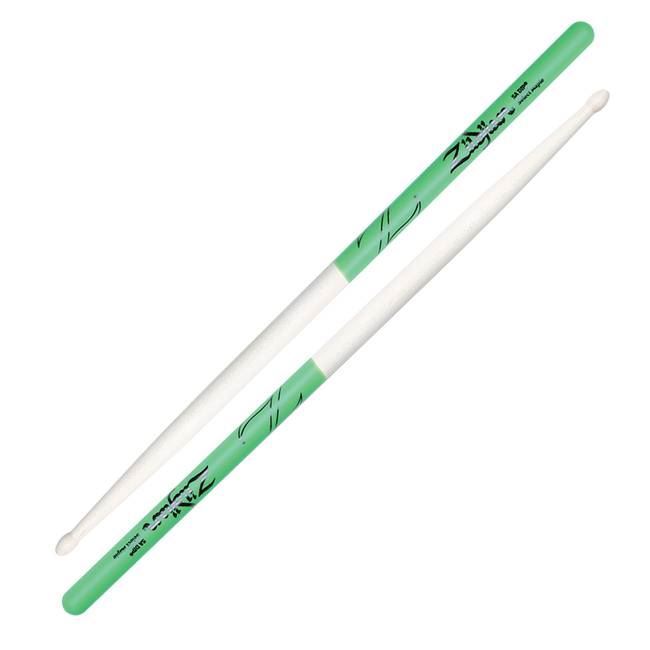 Zildjian Maple 5B Green DIP drumsticks with green grips, standard size for drumming, shown on a drum kit.