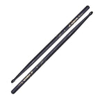 Zildjian Hickory 5B Nylon Black drumsticks resting on a drum set, showcasing their sturdy design and black nylon tips.