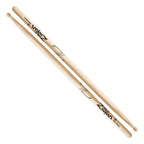 Zildjian Hickory 7A drumsticks lying on a drum kit, showcasing their lightweight design and natural wood finish.