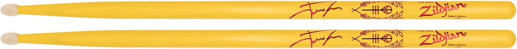 Zildjian Artist Series Josh Dun drumsticks in Clancy Yellow, showing a close-up of the wooden sticks with branding.
