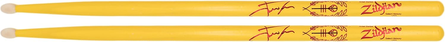 Zildjian Artist Series Josh Dun drumsticks in Clancy Yellow, showing a close-up of the wooden sticks with branding.