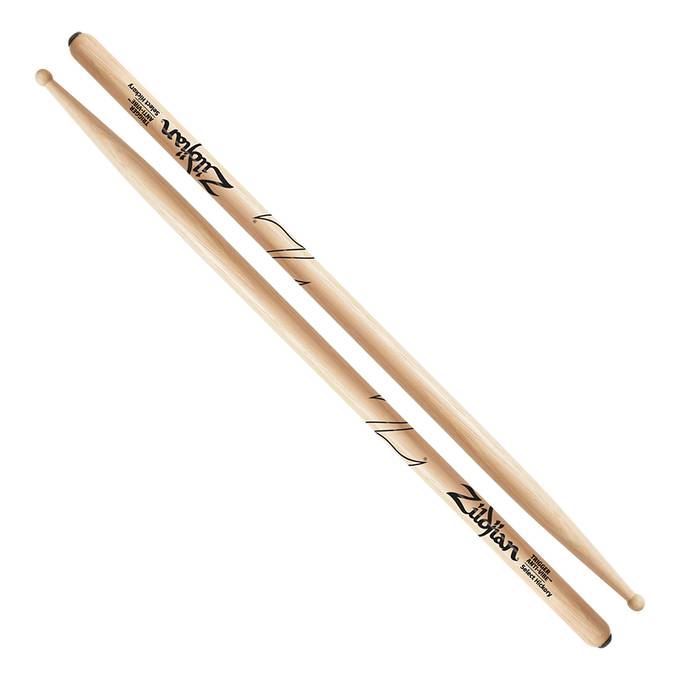 Zildjian Hickory Trigger drumsticks with natural wood finish and black grip sections, designed for drummers' comfort and performance.