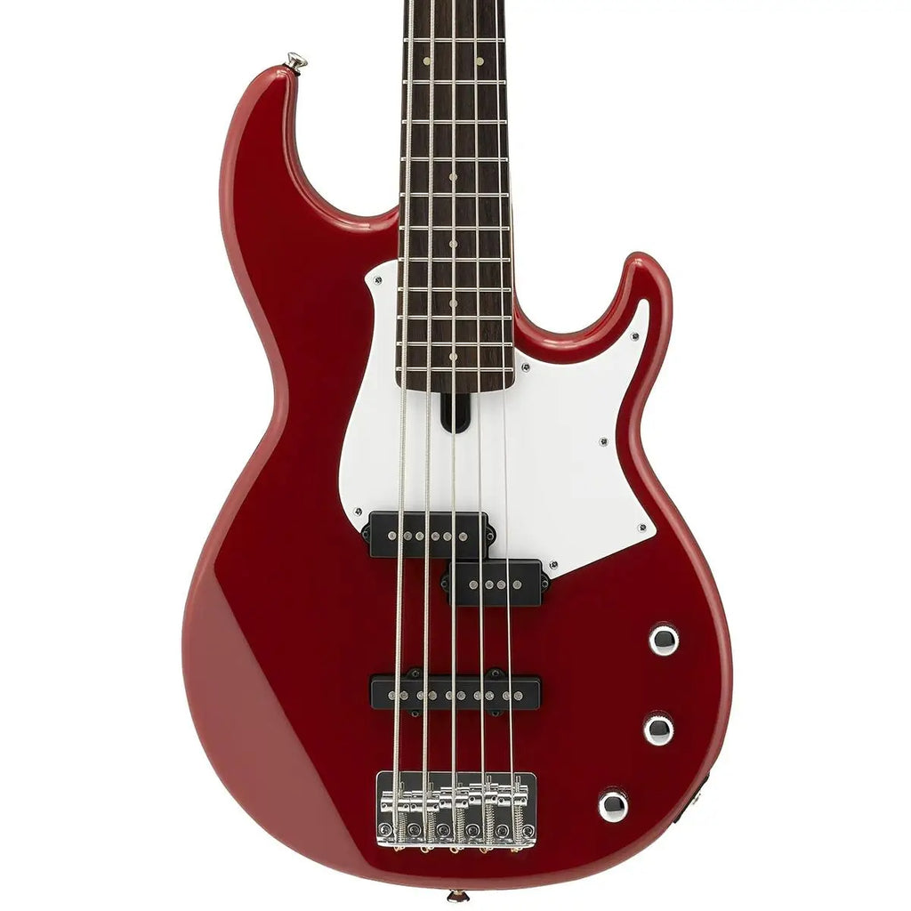 Yamaha BB235 5-string bass guitar in vibrant raspberry red, with sleek body and four control knobs, showcasing modern design and craftsmanship.