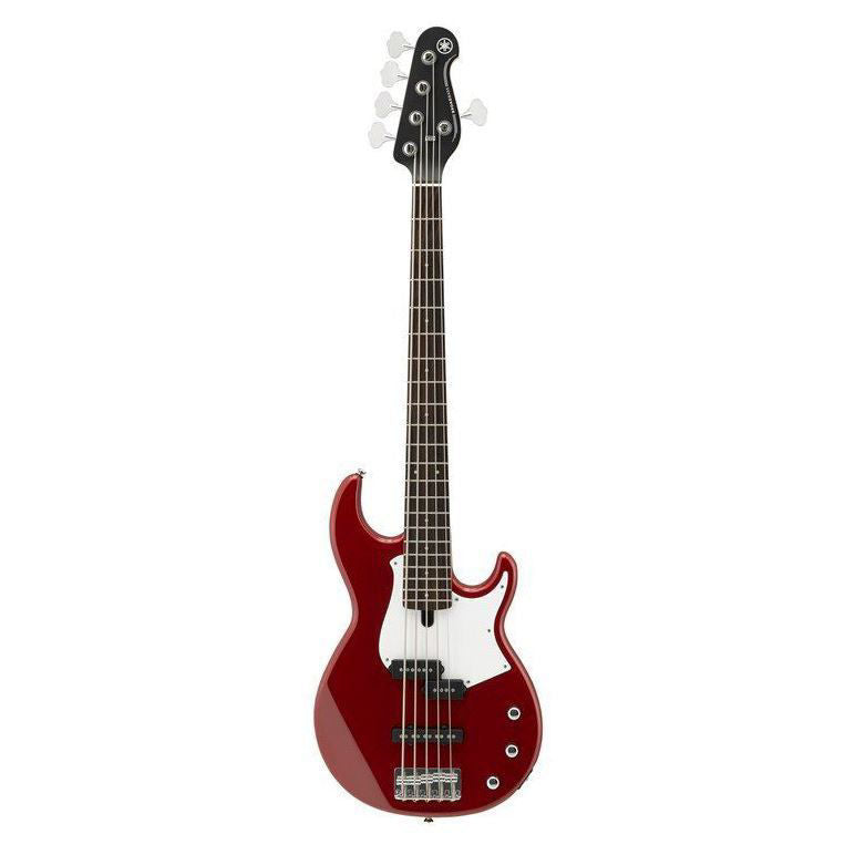 Yamaha BB235 5-string bass guitar in raspberry red, showcasing its sleek body and four strings on a stand.