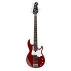 Yamaha BB235 5-string bass guitar in raspberry red, showcasing its sleek body and four strings on a stand.