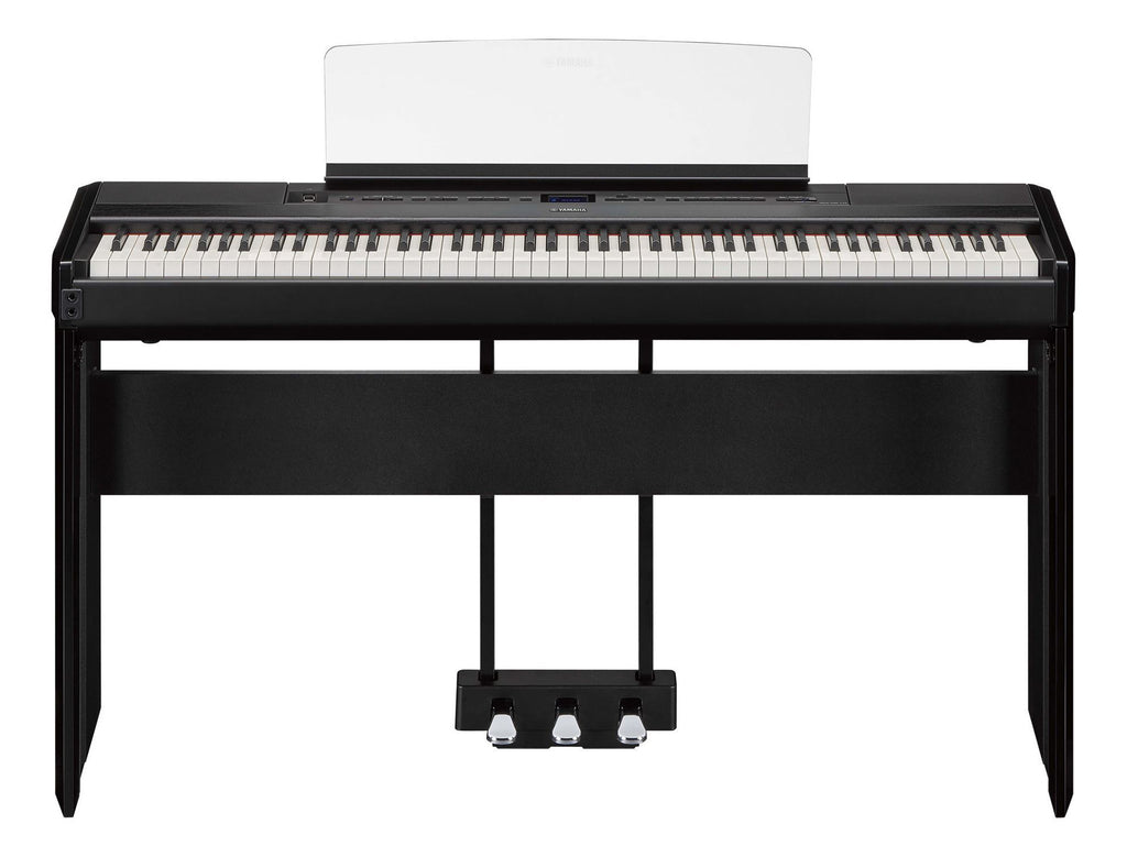 Black Yamaha L515B keyboard stand for P-515 and P-525 digital pianos, with sturdy metal construction and adjustable height.
