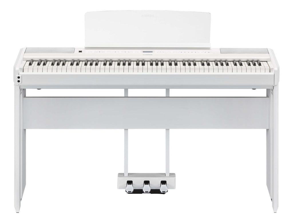 Yamaha L515WH keyboard stand in white, designed for P-515 and P-525 pianos, showcasing sturdy construction and sleek design.