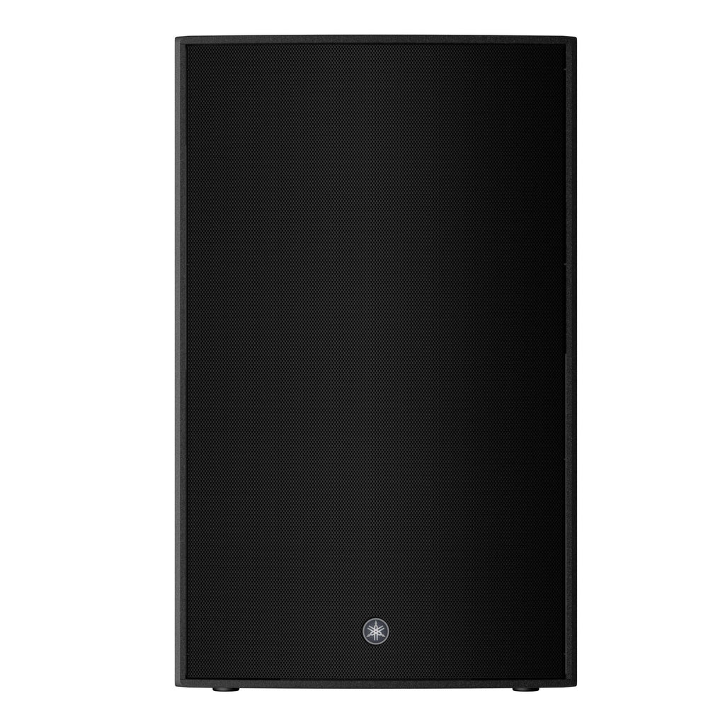 Yamaha DZR315-D 3-way 15-inch powered speaker with Dante connectivity, 2000W output, shown on stage with controls.