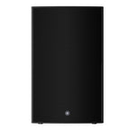 Yamaha DZR315-D 3-way 15-inch powered speaker with Dante connectivity, 2000W output, shown on stage with controls.