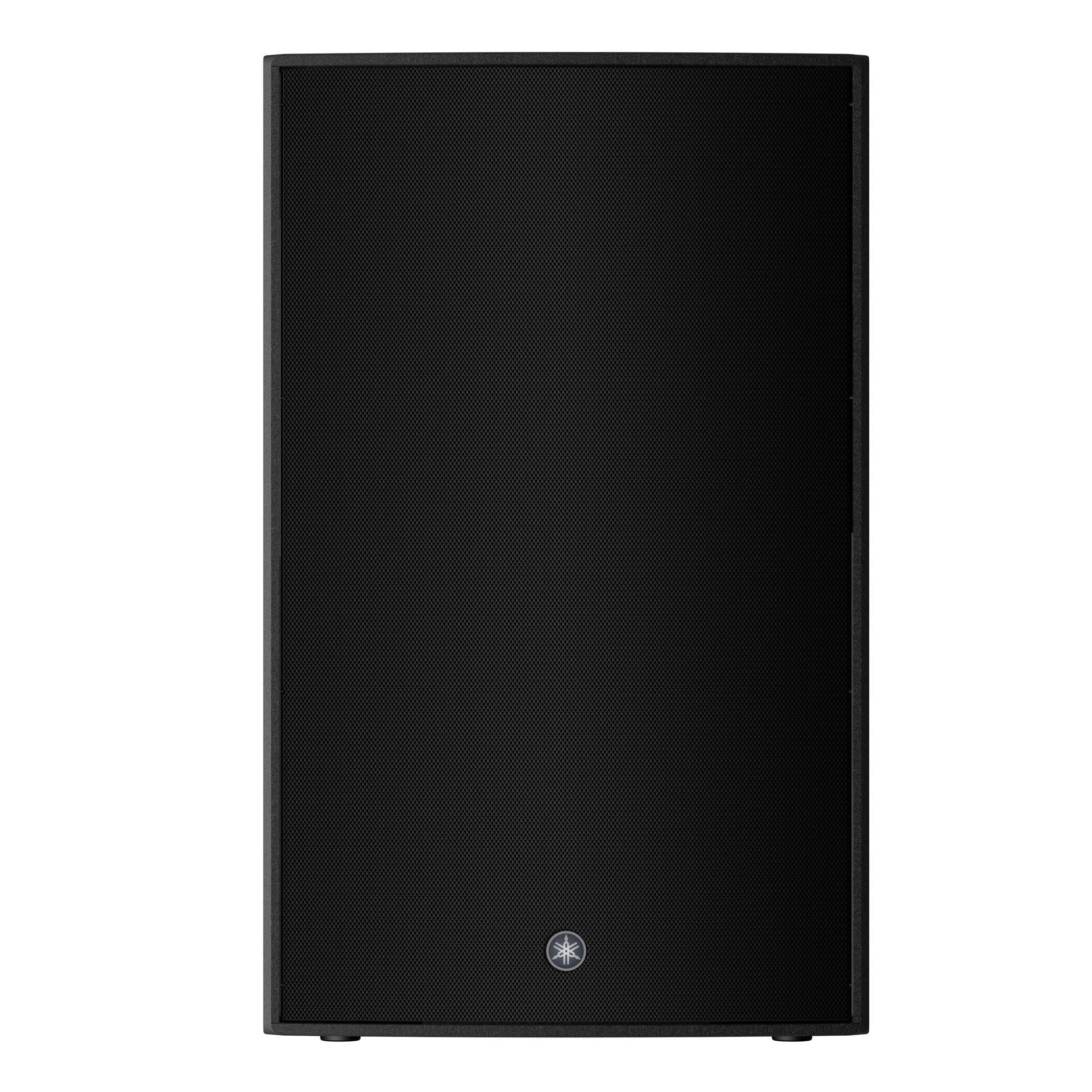 Yamaha DZR315-D 3-way 15-inch powered speaker with Dante connectivity, 2000W output, shown on stage with controls.