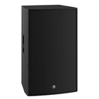 Yamaha DZR315-D 3-way powered speaker with 15-inch driver, Dante connectivity, and 2000 watt power output, shown from front angle.
