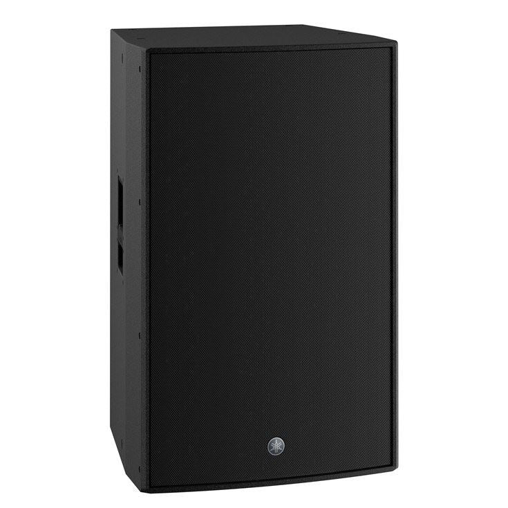 Yamaha DZR315-D 3-way powered speaker with 15-inch driver, Dante connectivity, and 2000 watt power output, shown from front angle.
