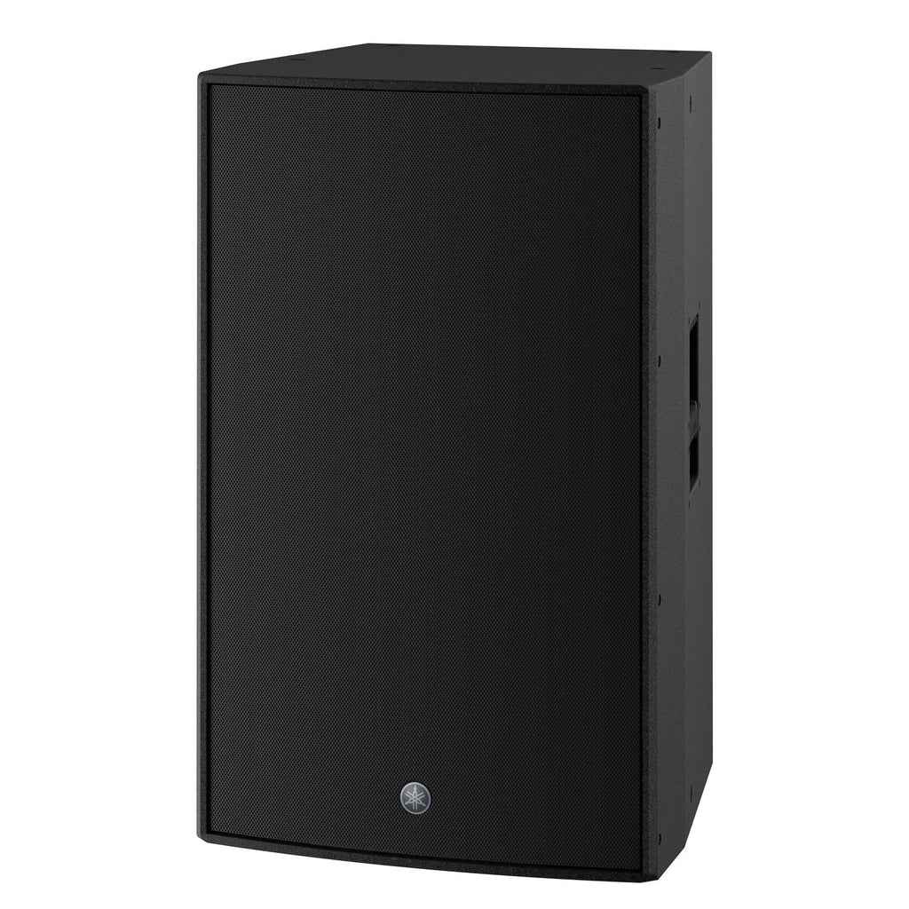 Yamaha DZR315-D 3-way powered speaker with 15-inch driver and Dante connectivity, showcasing its front grille and control panel.