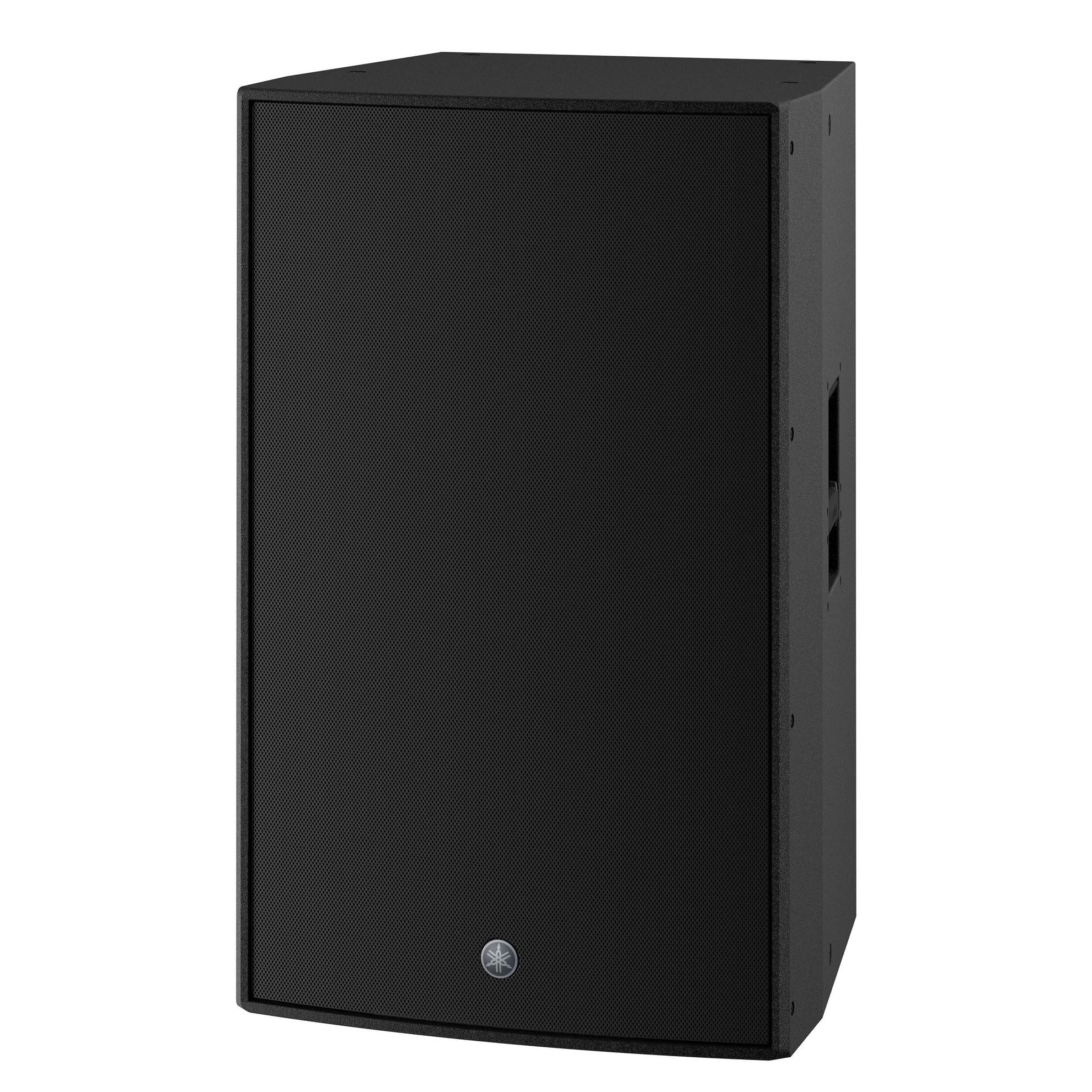Yamaha DZR315-D 3-way powered speaker with 15-inch driver and Dante connectivity, showcasing its front grille and control panel.