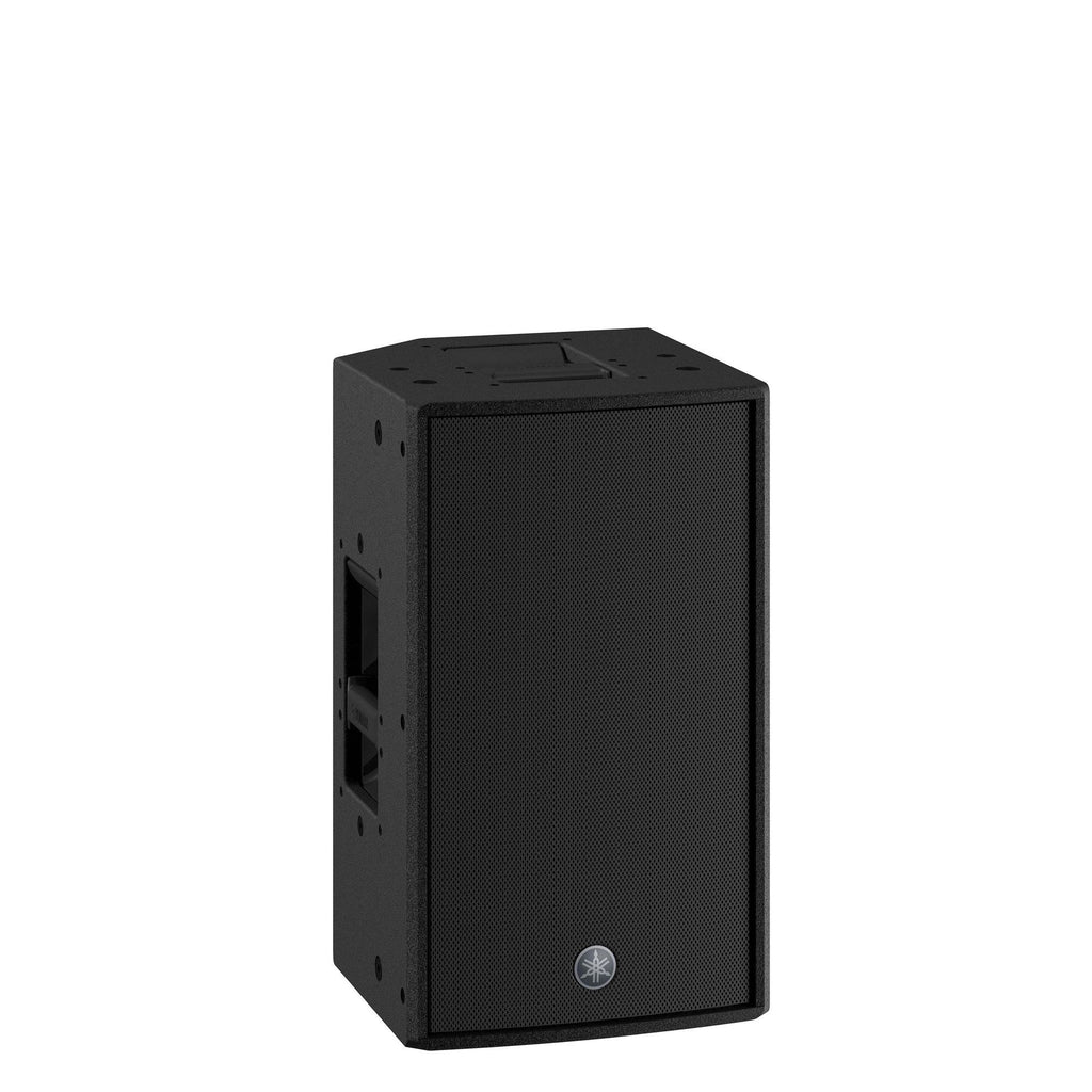 Yamaha DZR10-D 10-inch powered PA speaker with Dante audio network, 2000 watts, showcasing front view with handles and grille.