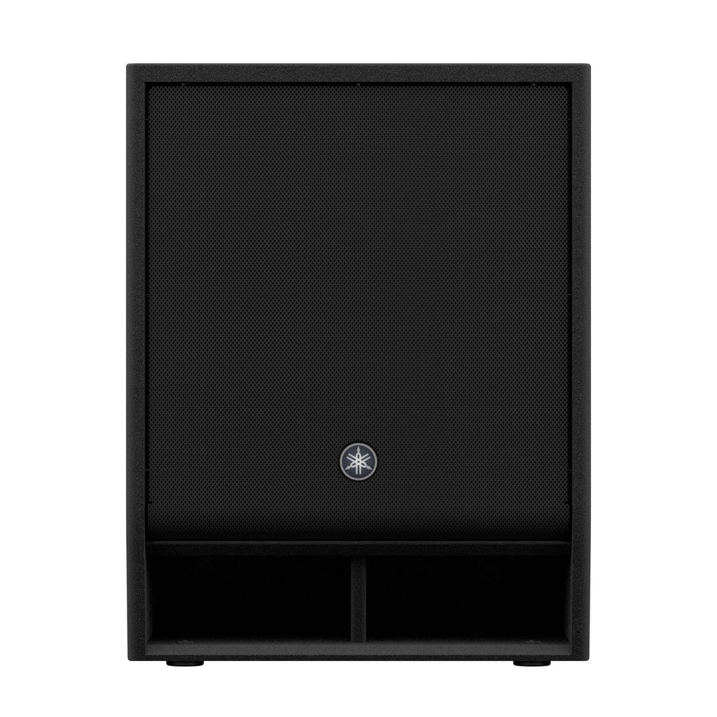 Yamaha DXS15XLF-D 15-inch powered subwoofer speaker with Dante connectivity, showing the front grille and control panel.