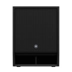 Yamaha DXS15XLF-D 15-inch powered subwoofer speaker with Dante connectivity, showing the front grille and control panel.