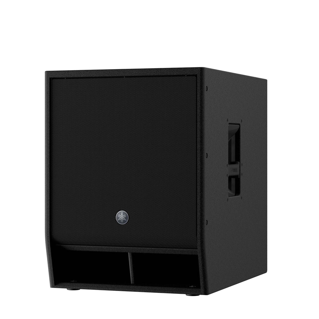 Yamaha DXS15XLF-D 15-inch powered subwoofer speaker with Dante connectivity, showing the front grille and control panel.