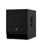 Yamaha DXS15XLF-D 15-inch powered subwoofer speaker with Dante connectivity, showing the front grille and control panel.