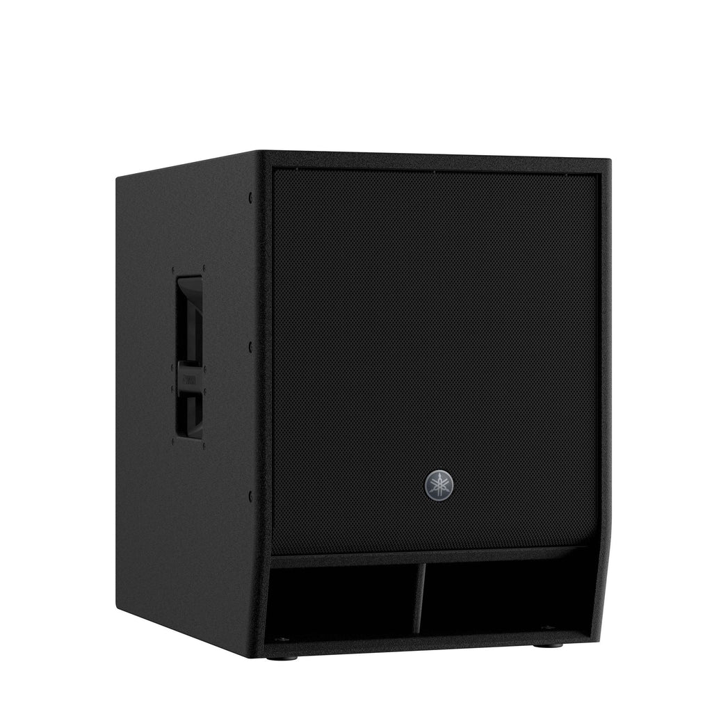 Yamaha DXS15XLF-D 15-inch powered subwoofer speaker with Dante connectivity, showing the front grille and control panel.