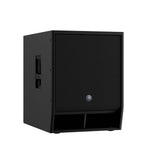 Yamaha DXS15XLF-D 15-inch powered subwoofer speaker with Dante connectivity, showing the front grille and control panel.