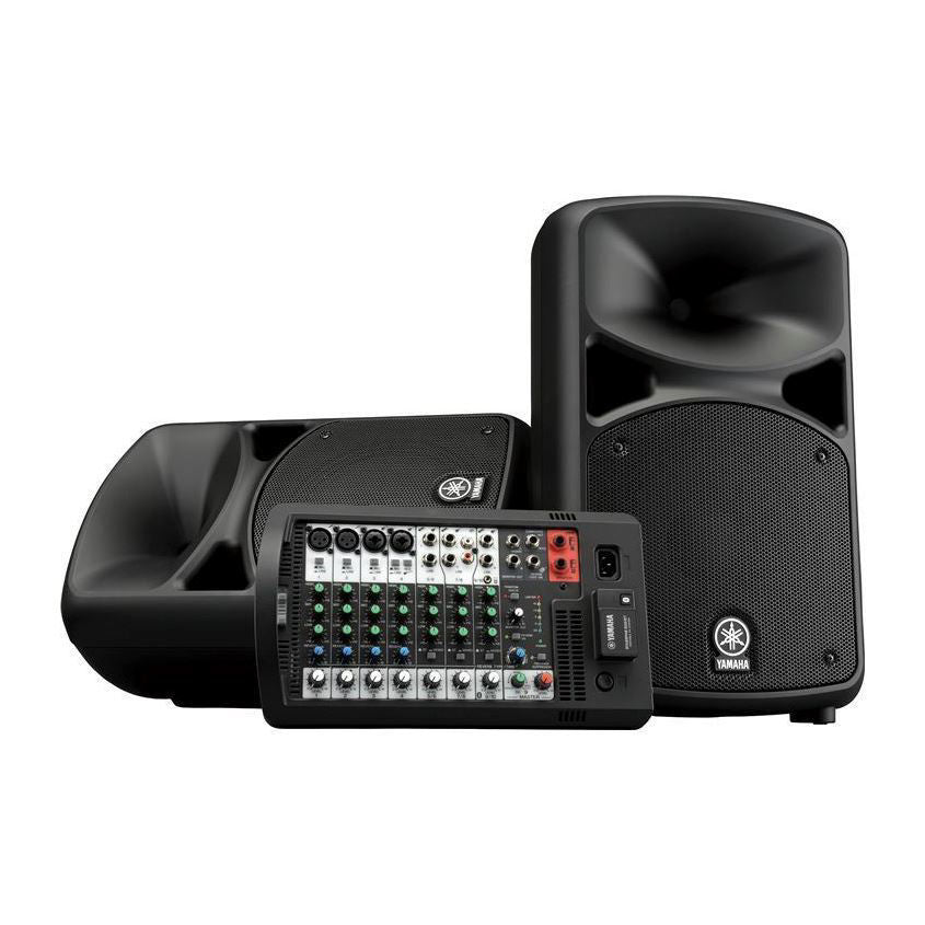 Yamaha STAGEPAS600BT portable PA system with Bluetooth, featuring speakers, mixer, and stand in a compact setup.