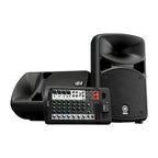 Yamaha STAGEPAS600BT portable PA system with Bluetooth, featuring speakers, mixer, and stand in a compact setup.